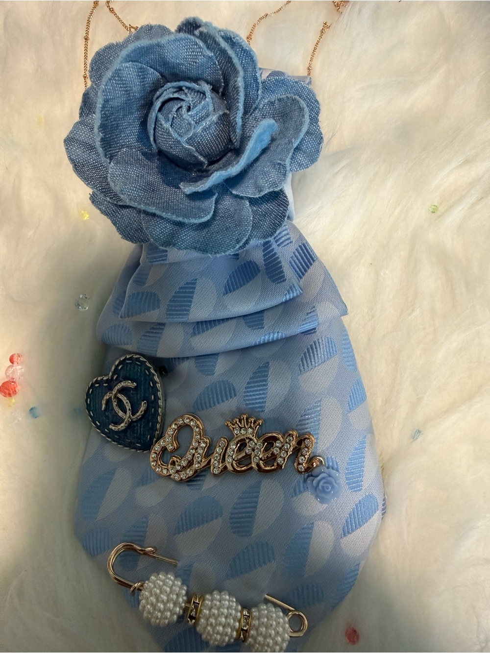 Light Blue Floral Accent Pendant Necklace with 'Queen' and CC Heart Charms